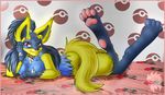  female looking_at_viewer lucario mark_haynes pok&eacute;ball pok&eacute;mon pok&eacute;morph red_eyes solo yellow 