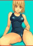  adjusting_clothes adjusting_swimsuit blonde_hair looking_at_viewer one-piece_swimsuit original short_hair simple_background sitting solo swimsuit yellow_eyes yuuji_(and) 
