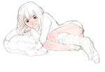  brown_eyes face hand_on_own_head lying neoko original pillow_support sketch smile socks solo striped striped_legwear 
