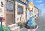  apron bad_id bad_pixiv_id banned_artist blue_eyes broom cloud day flower_pot half-timbered house looking_at_viewer mailbox_(incoming_mail) original outdoors paseri pavement ribbon road skirt sky solo stairs street vanishing_point 