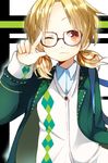  :3 argyle bad_id bad_pixiv_id bespectacled blonde_hair contemporary glasses highres moriya_suwako one_eye_closed pun2 red_eyes short_hair solo touhou twintails upper_body 