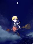  blonde_hair bow broom broom_riding city cloud flying full_moon hair_bow hair_ribbon inui_(jt1116) moon night night_sky original ponytail ribbon sidesaddle skirt sky solo star_(sky) witch 