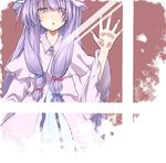  amagase_lyle bow hair_bow hand_on_window hat long_hair patchouli_knowledge purple_eyes purple_hair solo touhou window 