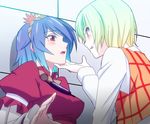  :p blush chin_grab eye_contact green_hair h-new hand_on_another's_face kazami_yuuka looking_at_another multiple_girls red_eyes scared short_hair slit_pupils tongue tongue_out touhou upper_body yasaka_kanako yuri 