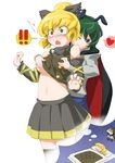  2girls :&lt; :o ;) adapted_costume alternate_costume antennae bare_shoulders black_legwear blonde_hair blue_eyes blush bow breast_grab breasts cape detached_sleeves dreaming dress_shirt drooling female_pervert futon grabbing green_hair groping hair_bow hair_bun heart hug hug_from_behind kurodani_yamame looking_up medium_breasts memento_vivi midriff miniskirt multiple_girls navel no_bra nose_blush one_eye_closed pants pervert pleated_skirt reverse_trap shirt shirt_lift short_hair simple_background skirt sleeping smile spoken_heart standing surprised thighhighs touhou under_covers underboob vest white_background wriggle_nightbug yellow_eyes yuri zettai_ryouiki 