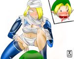  1girl artcat1962 blonde_hair blood blush breasts cleavage hat large_breasts link ninja nosebleed princess_zelda sarashi sheik the_legend_of_zelda 