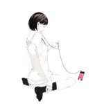  bottomless closed_eyes copyright_request digital_media_player earbuds earphones full_body ipod short_hair sitting solo sousou_(sousouworks) 
