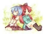  :3 bad_id bad_pixiv_id blue_hair bow closed_eyes fang hair_bow kureha_goya leaning mahou_shoujo_madoka_magica miki_sayaka mitakihara_school_uniform multiple_girls ponytail red_eyes red_hair sakura_kyouko school_uniform sitting sleeping sleeping_upright smile 