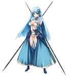 armor blue_hair breasts cleavage dual_wielding elbow_gloves elf gloves hair_ornament holding hotori_(sion) katana legs long_hair medium_breasts original pointy_ears simple_background solo sword thighs weapon yellow_eyes 