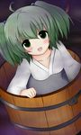  ahoge bakko blush bucket from_above green_eyes green_hair hair_bobbles hair_ornament in_bucket in_container japanese_clothes kisume open_mouth short_hair smile solo touhou twintails wooden_bucket 