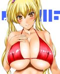  bad_id bad_pixiv_id bare_shoulders bikini blonde_hair blush breasts brown_eyes cleavage covered_nipples hair_bobbles hair_ornament highres huge_breasts kamia_(not_found) long_hair matsuoka_kiyone original red_bikini smile solo swimsuit twintails 