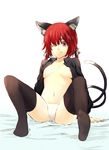  animal_ears bad_id bad_pixiv_id black_legwear braid breasts cat_ears cat_tail feet kaenbyou_rin lefthand medium_breasts multiple_tails navel nipple_slip nipples no_pants one_eye_closed open_clothes open_shirt panties shirt sitting smile solo spread_legs tail thighhighs touhou twin_braids twintails underwear white_panties 
