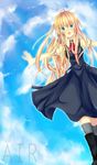  air blonde_hair blue_eyes kamio_misuzu long_hair nakamura_nano outstretched_arms ponytail school_uniform solo spread_arms 
