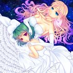  bare_shoulders blonde_hair blue_eyes bow breasts cleavage collarbone dress elbow_gloves frills gloves gradient_hair green_hair jewelry large_breasts long_hair macross macross_frontier multicolored_hair multiple_girls pink_hair purple_hair ranka_lee red_eyes saotome_mirai sheryl_nome short_hair single_earring 