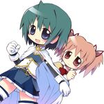  blue_eyes blue_hair cape chibi gloves hair_ribbon kaname_madoka kanibasami magical_girl mahou_shoujo_madoka_magica miki_sayaka mitakihara_school_uniform multiple_girls pink_eyes pink_hair protecting ribbon school_uniform short_hair skirt thighhighs twintails zettai_ryouiki 