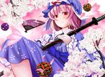  a_(aaaaaaaaaaw) cherry_blossoms fan folding_fan hat katana pink_hair red_eyes saigyouji_yuyuko short_hair solo sword touhou weapon 