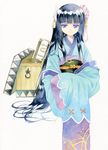  agahari black_hair blue_eyes box flower hair_flower hair_ornament hands_together japanese_clothes kimono long_hair own_hands_together paint_(medium) rune_factory sleeves_past_wrists smile solo traditional_media yue_(rune_factory) 