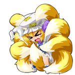  &gt;_&lt; 1girl between_legs blonde_hair blush chibi closed_eyes fang fox_tail hand_on_headwear hat highres kazami_karasu multiple_tails ofuda open_mouth solo tail tail_between_legs tears touhou trembling wavy_mouth yakumo_ran 