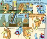  applejack_(mlp) blonde_hair blue_fur cgeta comic cowboy_hat dialog duo english_text equine female feral freckles friendship_is_magic fur green_eyes hair hat horse humor innuendo mammal multi-colored_hair my_little_pony open_mouth orange_fur pegasus pony pun purple_eyes rainbow_dash_(mlp) rainbow_hair rainbow_tail text wings 