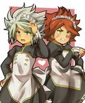  2boys blue_eyes blush crossdress crossdressing dress frown grimace heart inazuma_eleven inazuma_eleven_(series) maid_headdress multiple_boys nagumo_haruya open_mouth red_hair short_hair shota suzuno_fuusuke sweat trap white_hair yellow_eyes 