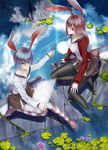  animal_ears bad_id bad_pixiv_id black_legwear blue_hair breasts brush bunny_ears bunny_tail bush cloud flower green_eyes highres holographic_interface large_breasts legs lily_pad moriyama_yuuki multiple_girls original pantyhose red_eyes red_hair reflection skirt sky striped striped_legwear tail thighhighs water 