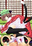  animal_ears black_legwear blazblue bloomers brown_eyes brown_hair cat_ears cat_tail chen crossover earrings hat highres jewelry kaka_kittens mary_janes multiple_girls multiple_tails natsu_dora shoes short_hair tail tatami thighhighs touhou underwear 