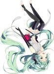 bad_id bad_pixiv_id barefoot elbow_gloves fen_renlei full_body gloves green_eyes green_hair hatsune_miku hatsune_miku_(append) long_hair navel necktie open_mouth simple_background solo thighhighs twintails upside-down very_long_hair vocaloid vocaloid_append 