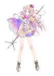  atelier_(series) atelier_meruru bare_legs blonde_hair blue_eyes blush boots bow cape crown flower full_body half_updo kishida_mel legs merurulince_rede_arls multicolored multicolored_cape multicolored_clothes official_art red_bow skirt solo staff white_background white_bloomers yellow_skirt 