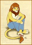  avoid_posting conditional_dnp crosslegged feline jeans lion male mammal mane moodyferret sagemane sitting solo 