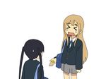  bag black_eyes blonde_hair food k-on! kotobuki_tsumugi long_hair multiple_girls nakano_azusa nichijou nickname open_mouth parody school_uniform sweatdrop takuan tears twintails 