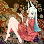  2011 animal_ears barefoot bunny_ears copyright_request feet japanese_clothes kimono kiseru long_hair lying new_year pipe red_eyes solo toshipon white_hair 