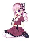  blush dress eating full_body long_hair meito_(maze) original pantyhose pink_hair purple_eyes solo twintails 