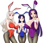  :d ahoge animal_ears black_legwear blue_hair blush breast_envy breast_hold breasts bunny_ears bunnysuit covered_nipples flat_chest hips huge_breasts idolmaster idolmaster_(classic) kawanuma_uotsuri kisaragi_chihaya large_breasts long_hair miura_azusa multiple_girls open_mouth pantyhose purple_hair red_eyes shijou_takane silver_hair simple_background smile white_background wrist_cuffs 