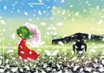  absurdres bow cho_marisa cover cover_page field flower flower_field from_behind green_hair hat hat_bow highres kazami_yuuka kirisame_marisa long_skirt looking_back mountain multiple_girls muscle petals plaid plaid_skirt plaid_vest red_eyes skirt skirt_set touhou translation_request umbrella vest wi-z_garage witch_hat 