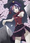  blue_eyes cherry_blossoms hat jiangshi miyako_yoshika moon night ofuda outstretched_arms pale_skin petals purple_hair short_hair skirt solo sora-bozu star touhou zombie_pose 