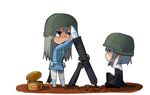  aasara artillery black_legwear can cannon chibi commentary eila_ilmatar_juutilainen fish green_eyes grey_eyes grey_hair helmet long_hair military military_uniform mortar_(weapon) multiple_girls pantyhose sanya_v_litvyak strike_witches surstromming tail uniform white_legwear world_witches_series 