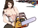  blush breasts brown_eyes brown_hair chainsaw cleavage controller dead_rising dead_rising_2 death_is_13 large_breasts no_bra open_clothes open_shirt pliers rebecca_chang remote_control screwdriver severed_hand shirt solo unbuttoned 