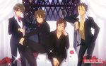  belt brown_hair fabulous flower formal grey_hair hand_in_pocket hand_on_own_cheek hand_on_own_knee highres jewelry koizumi_itsuki kunikida kyon looking_at_viewer male_focus multiple_boys necklace non-web_source official_art open_clothes open_shirt red_flower red_rose ring rose shirt sitting sparkle suit suzumiya_haruhi_no_yuuutsu taniguchi waistcoat watch 