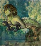  brown_hair female forest hair horns looking_at_viewer naga nature scales scalie snake solo spikes tame tree unknown_artist water 