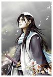  black_hair bleach japanese_clothes katana kuchiki_byakuya long_hair male_focus petals scarf solo sword washu_m weapon 