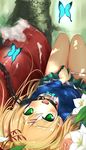  bad_id bad_pixiv_id bare_legs blonde_hair blush bug butterfly chain collar cordelia_glauca dappled_sunlight flower green_eyes hair_ornament hairclip insect looking_at_viewer lying nemo_(piisukun) on_back open_mouth panties panty_pull skirt skirt_tug solo sunlight tantei_opera_milky_holmes torn_clothes torn_skirt tree underwear upside-down 