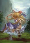  armband bird blonde_hair broken chain giantess haoyuan horns ibuki_suika long_hair red_eyes solo torii touhou wrist_cuffs 