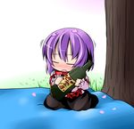  bottle cherry_blossoms chibi closed_eyes dress frills ichimi nagae_iku purple_hair solo touhou tree 