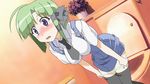  black_thighhighs blush cap embarrassed flower green_hair highres large_breasts overalls panty_pull purple_eyes ribbon shigure_asa shocked shuffle shuffle! suprised thighhighs tie toilet 