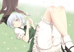  bad_id bad_pixiv_id bloomers blue_eyes cherry_blossoms flower geike grass hair_ribbon konpaku_youmu legs_up lying mary_janes on_back one_eye_closed petals ribbon shoes silver_hair skirt skirt_set smile solo touhou tree twig under_tree underwear upskirt 