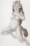  breasts canine chenneoue chest_tuft detailed female mane_hair nude photorealism ring self_portrait solo wolf 