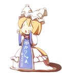  arms_up blonde_hair clothes_writing dearmybrothers dress expressive_clothes fox_tail hat simple_background solo tail touhou translated yakumo_ran younger |_| 