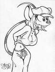  black_and_white breasts buckteeth cleavage clothed clothing female hat king-cheetah mammal midriff monochrome navel open_mouth plain_background rat rodent shirt skimpy slim solo tail tank_top white_background 