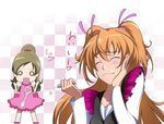  apron blush brown_hair cake checkered checkered_background chibi closed_eyes dress eating food foodgasm fork hair_ornament hair_ribbon half_updo happy houjou_hibiki kani_get long_hair minamino_kanade multiple_girls o_o open_mouth orange_hair ponytail precure ribbon suite_precure surprised two_side_up 