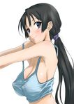  akiyama_mio alternate_hairstyle black_hair blue_eyes blush breasts cleavage covered_nipples derivative_work eunos k-on! large_breasts long_hair ponytail sagging_breasts simple_background smile solo strap_slip tank_top upper_body 